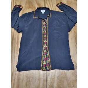 Jennifer L Button-down Silk Collared Longsleeve Shirt  Women L BLACK @J9
